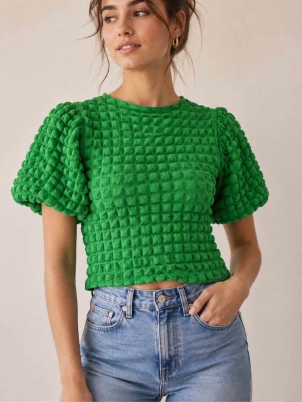 Anthro Eri+ Ali Puff Sleeve Textured Top Green Size Small